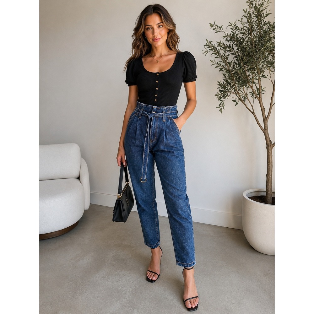 IRO Paris Women High Waist Paperbag Belted Straight Leg Jeans Dark Wash Size 34
